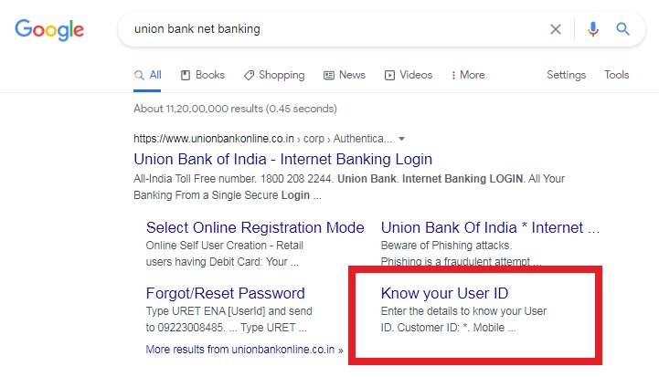 Know your User ID - यूनियन बैंक ऑफ़ इंडिया