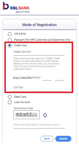 RBL Credit Card Net Banking Registration in hindi