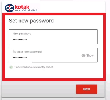 set new password - कोटक महिंद्रा बैंक नेट बैंकिंग