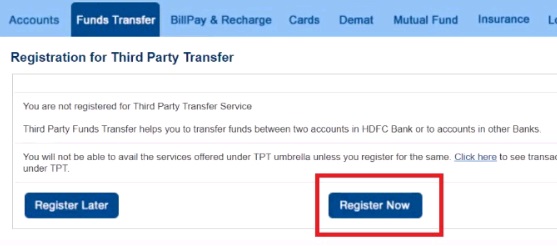 HDFC नेट बैंकिंग Funds Transfer रजिस्टर कैसे करे